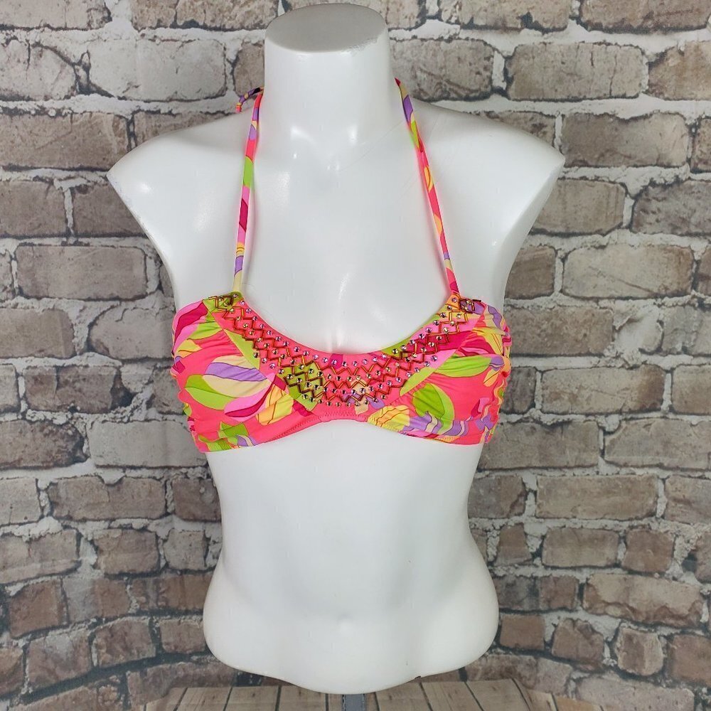 Victoria's Secret Coral Bikini  Top Bandeau Halter Crystals Beads Size Sm…